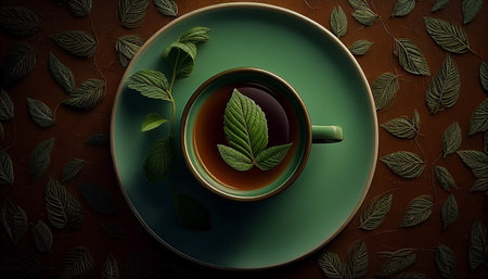 Cup of tea with green leaves on a dark brown background.の素材