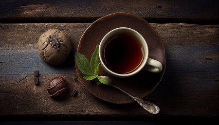Cup of tea with chocolates and mint on wooden backgroundの素材