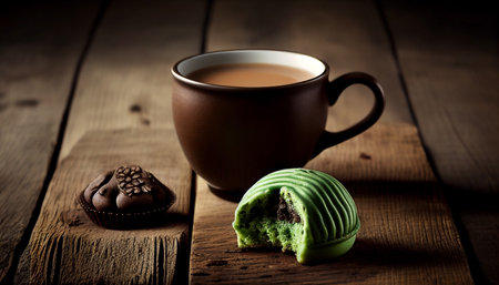 Cup of hot tea with green macaroons and coffee beans on wooden backgroundの素材
