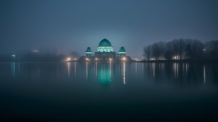 Reflection of mosque in the lake at night with fog in the foregroundの素材