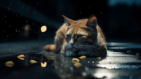 Cute ginger cat sitting on the floor in the rain with blurred backgroundの素材