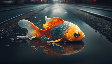 Goldfish on the road in the city. 3D rendering.の素材