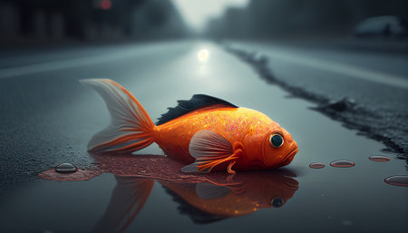 Goldfish on the road in the fog. 3d rendering.の素材