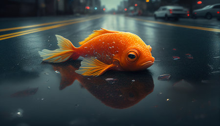 Gold fish on the road in the city. 3d rendering.の素材