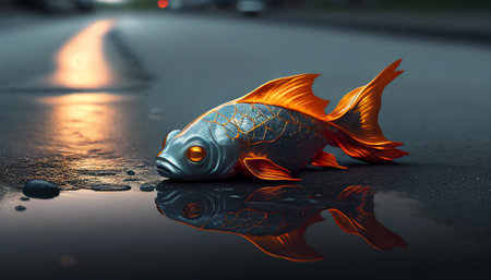 Goldfish on the road in the evening. 3D illustration.の素材