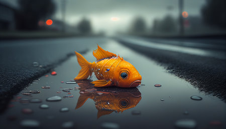 goldfish on a wet asphalt road in the rain. 3d renderingの素材