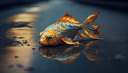 golden fish on a wet road with reflection. 3d renderingの素材