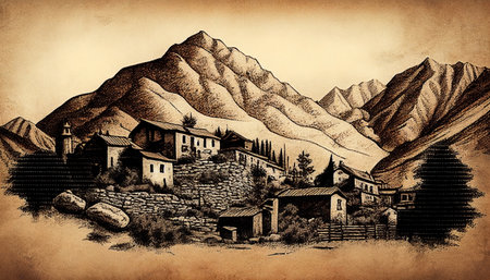 Vintage hand drawn illustration of a small village in the mountains.の素材