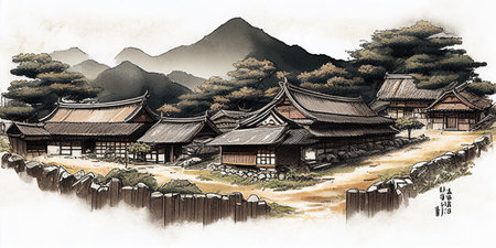 Traditional japanese houses in Nara, Japan. Watercolor painting.の素材