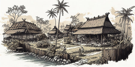 Illustration of a traditional village in Bali island, Indonesia.の素材