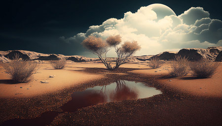 Desert landscape with trees and a puddle. 3d renderの素材