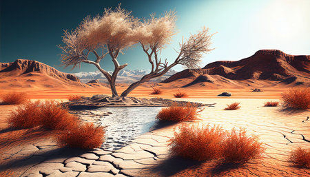 Desert landscape with dry trees and dry grass. 3d renderの素材