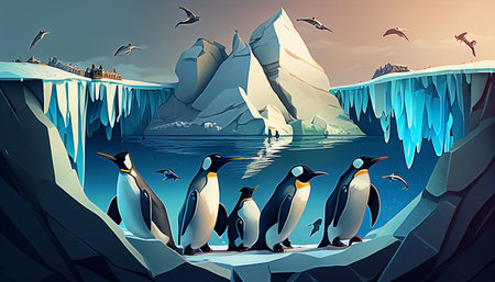 Cartoon penguins on iceberg. Vector illustration of penguins in the ocean.の素材