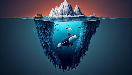 3d illustration of a whale swimming in the ocean with icebergsの素材