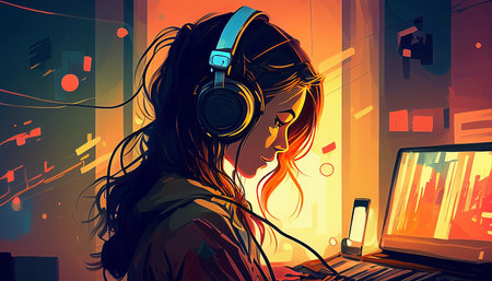 Illustration of a girl listening to music on headphones and a laptopの素材