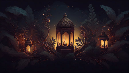 Illustration of Ramadan Kareem background with lanterns and leaves.の素材