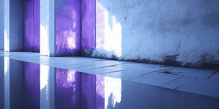 3d rendering of empty room with concrete floor and purple wall backgroundの写真素材