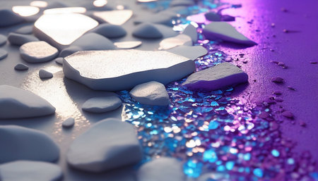 3d render of abstract background with water drops and colorful stones.の写真素材