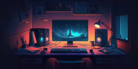 gaming Computer in dark room with speakers and computer monitors. Vector illustration.の素材