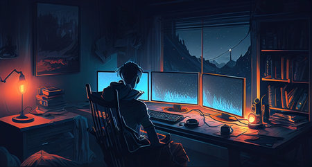 Young man sitting on chair in front of gaming computer monitor at night.の素材