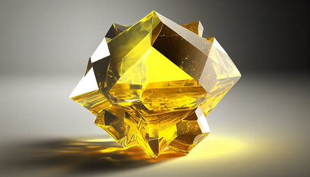 3d rendering of a yellow diamond on a grey background with reflectionの写真素材