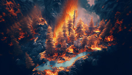 3D illustration of a volcanic eruption with a lava flow in the backgroundの素材