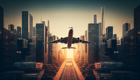 Airplane flying over the city. 3d rendering toned imageの素材