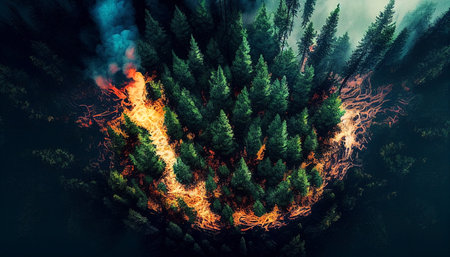 Fiery forest fire in the middle of the forest. 3d illustrationの素材