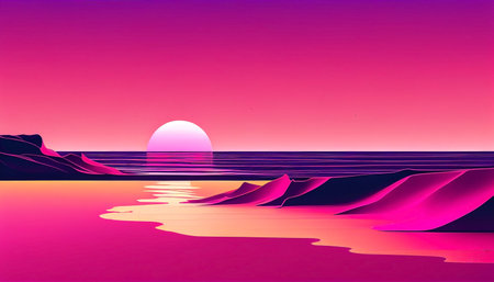 Sunset over the sea in magenta colors combination. Simplicity digital drawing.の写真素材