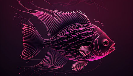 Magenta illustration of a fish on a purple background with lines and wavesの写真素材