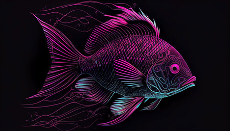 Magenta illustration of a fish with a beautiful pattern on a black backgroundの写真素材