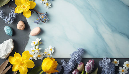 Spring flowers and easter eggsle background, flat lay. Space for text