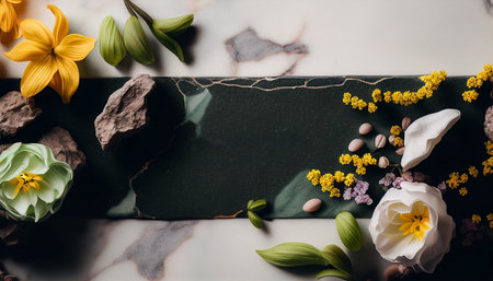 Flowers and stonesle background. Flat lay, top view