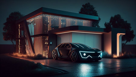 Electric car in front of a modern house at night. 3D renderingの素材