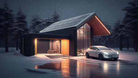 electric car and modern house with a garage under a snowfallの素材