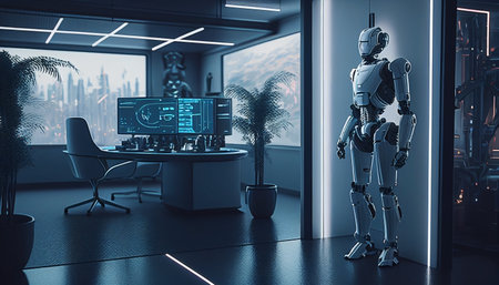 3d rendering humanoid robot working in office with city view, future technology conceptの素材