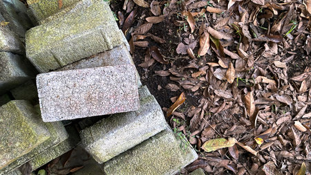 Pile of bricks on the ground with dry leaves in the garden