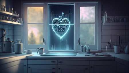 Hearth data flow statistic concept. medical hologram with a heart in a modern kitchenの素材