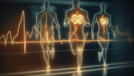 Hearth data flow statistic concept. 3D rendering of male and female medical figure with heart rate monitorの素材