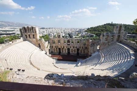 Restored amphitheater at the base of the parthenon, in the background you can see the city of Athens...