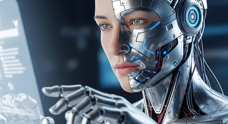 Cyborg woman cyborg on blurred background closeup 3D rendering