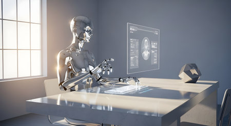 3D rendering of a female robot working on a tablet computer in the officeの写真素材
