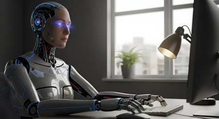 Robot humanoid working on computer in office. 3D rendering.の写真素材
