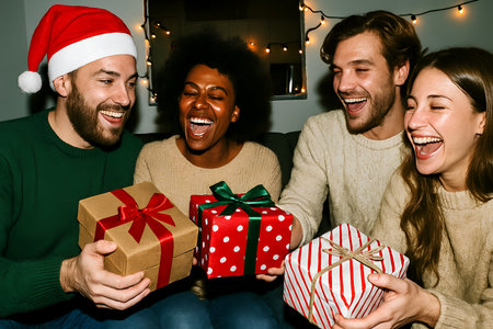 Gift box with ribbon and candy canes on the background of a paintingの素材