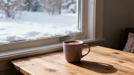 Cup of hot chocolate on wooden table with snow covered window in backgroundの素材
