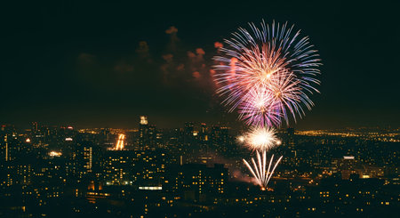 Beautiful colorful firework display for celebration happy new year and merry christmas at night timeの素材