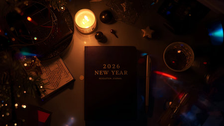 New Year's Eve celebration concept. Top view of christmas decorations, candles, books on wooden table.の素材