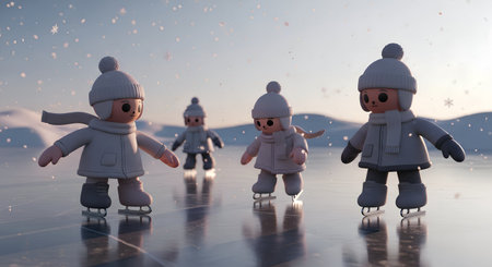 Children skating on frozen lake in winter. 3d render illustration.の素材