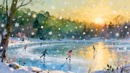 Winter landscape with children ice skating on the frozen lake at sunset.の素材