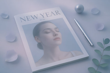 New Year's card on a table with a portrait of a beautiful woman.の素材